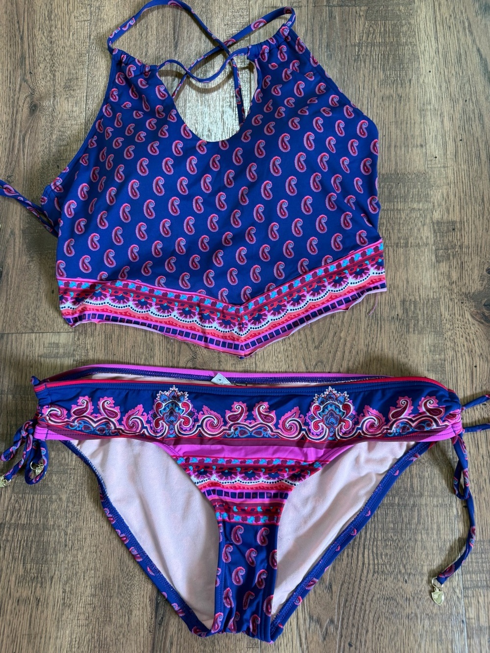 CREMIEUX  Navy & Pink Paisley High-Neck Bikini Set L